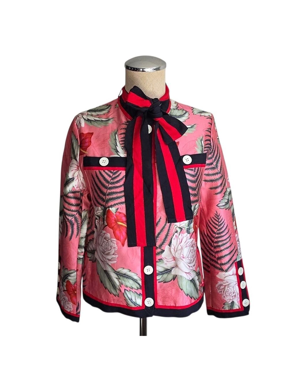 Floral Satin Statement Jacket with Bow Tie & Contrast Trim – Size S
